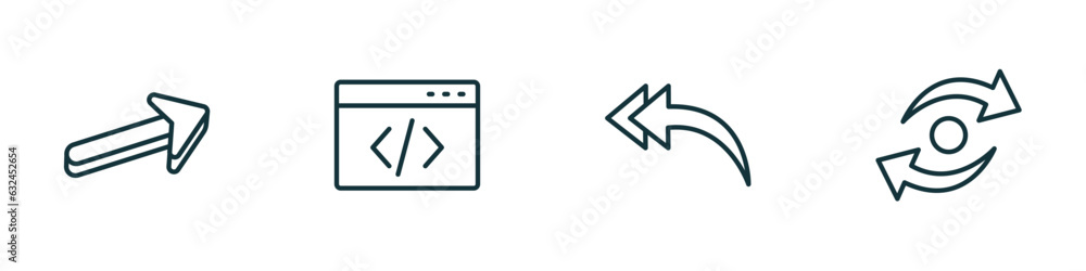 Poster set of 4 linear icons from user interface concept. outline icons included 3d forward arrow, data cod
