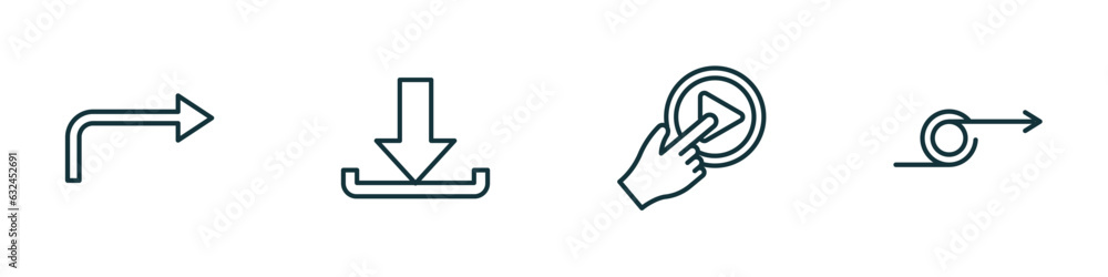 Poster set of 4 linear icons from user interface concept. outline icons included turn right arrow, download
