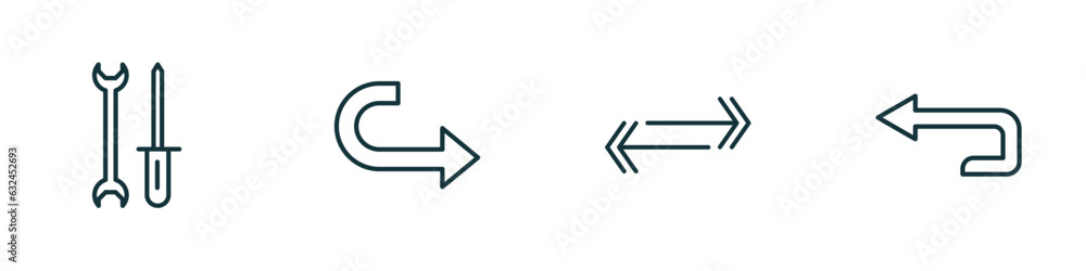 Poster set of 4 linear icons from user interface concept. outline icons included mechanic tool, curve right