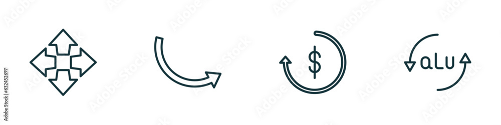 Poster set of 4 linear icons from user interface concept. outline icons included four expand arrows, round 