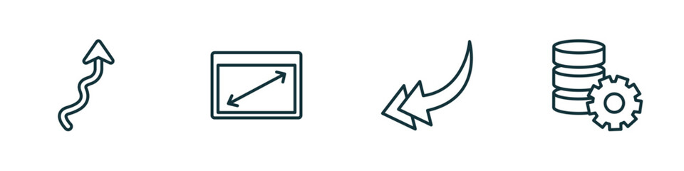set of 4 linear icons from user interface concept. outline icons included arrow with scribble, display size, back drawn arrow, data analytics tings vector