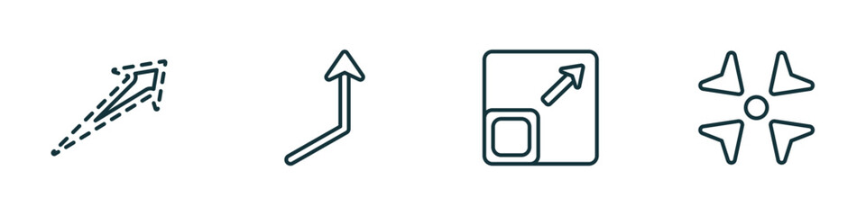 set of 4 linear icons from user interface concept. outline icons included dotted up arrow, right up arrow, size, reduce vector