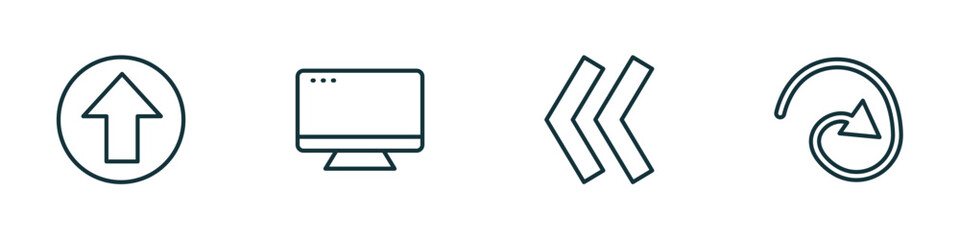 set of 4 linear icons from user interface concept. outline icons included up arrow fold button, display, two left arrows, curve line vector
