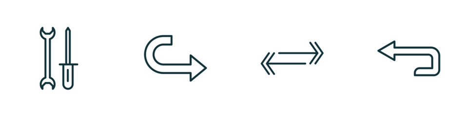 set of 4 linear icons from user interface concept. outline icons included mechanic tool, curve right arrow, double arrows, return left arrow vector