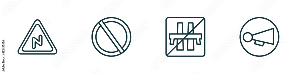 Poster set of 4 linear icons from traffic signs concept. outline icons included right reverse bend, no wait