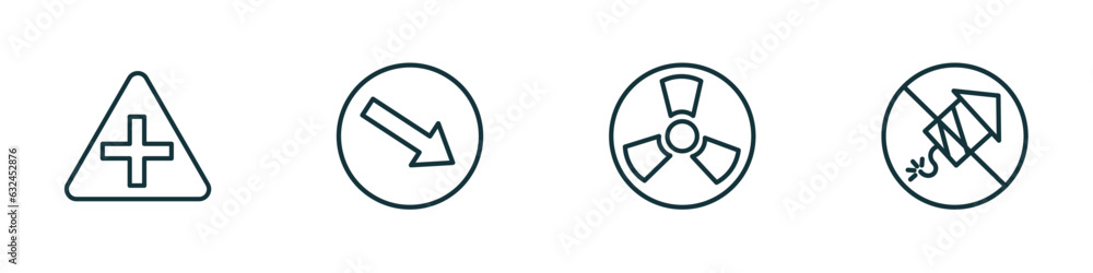 Poster set of 4 linear icons from traffic signs concept. outline icons included intersection, keep right, n