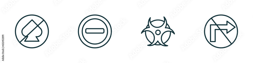 Poster set of 4 linear icons from traffic signs concept. outline icons included no gambling, prohibited way