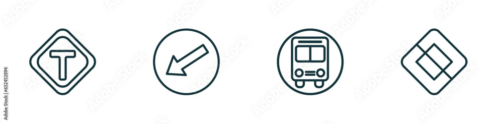 Poster set of 4 linear icons from traffic signs concept. outline icons included t junction, keep left, bus 