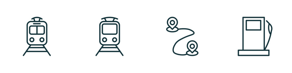 set of 4 linear icons from transport concept. outline icons included tram stop, train front view, way, petrol station vector