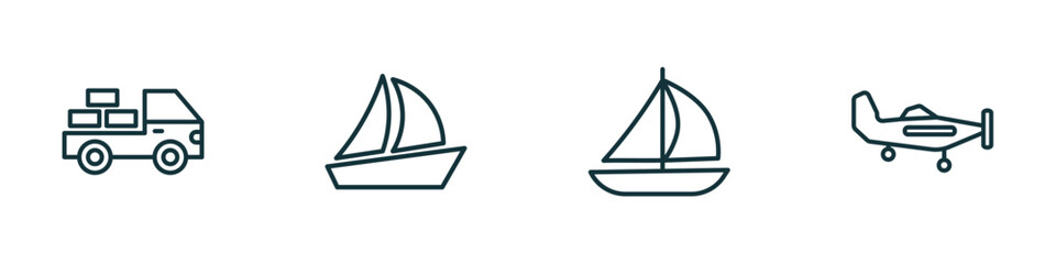 set of 4 linear icons from transport concept. outline icons included loaded truck side view, sailing boat, sailing, light aircraft vector