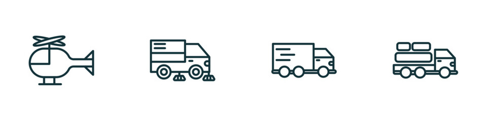 set of 4 linear icons from transportation concept. outline icons included small helicopter, road sweeper, free transport, cargo truck vector