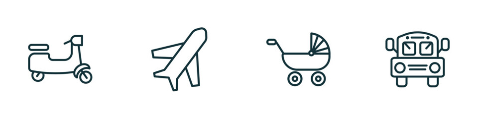 set of 4 linear icons from transport concept. outline icons included scooter bike, airplane pointing up, pram, school bus empty vector