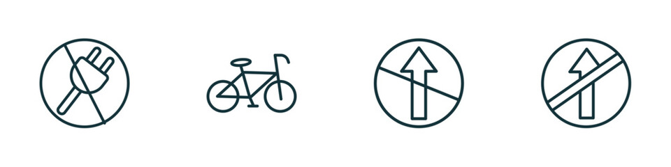 set of 4 linear icons from traffic signs concept. outline icons included no plug, bicycle, no straight, no straight vector