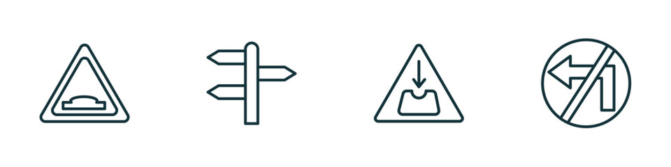 set of 4 linear icons from traffic signs concept. outline icons included hump, crossroad, pothole, no turn vector