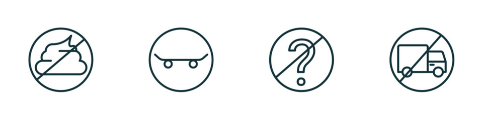 set of 4 linear icons from traffic signs concept. outline icons included no pooping, skateboard, no doubt, no trucks vector