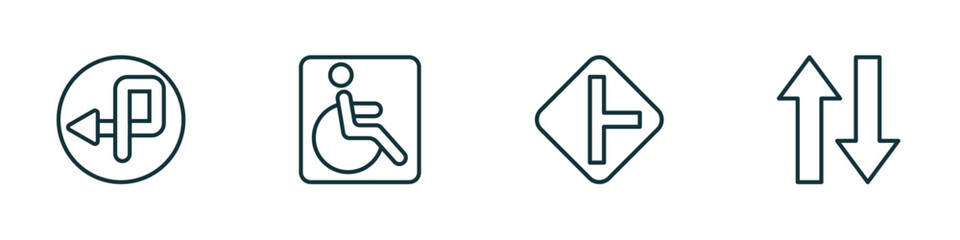 set of 4 linear icons from traffic signs concept. outline icons included degree curve road, handicap, side road, two ways vector