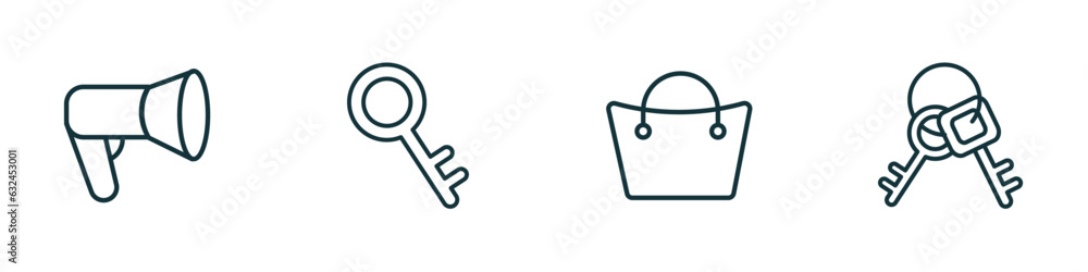 Poster set of 4 linear icons from tools and utensils concept. outline icons included megaphone side view, t