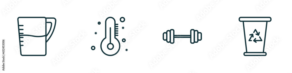 Poster set of 4 linear icons from tools and utensils concept. outline icons included pitcher with levels, t