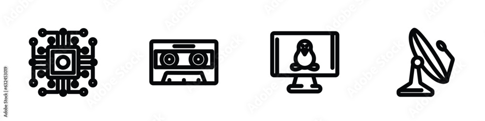 Poster set of 4 linear icons from technology concept. outline icons included computer microprocessor, caste