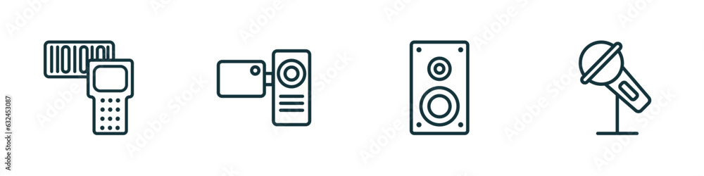 Poster set of 4 linear icons from technology concept. outline icons included portable scanner, video camera