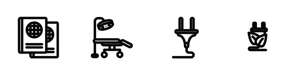 set of 4 linear icons from technology concept. outline icons included international passport, operating table, power plug, ecologic electricity vector