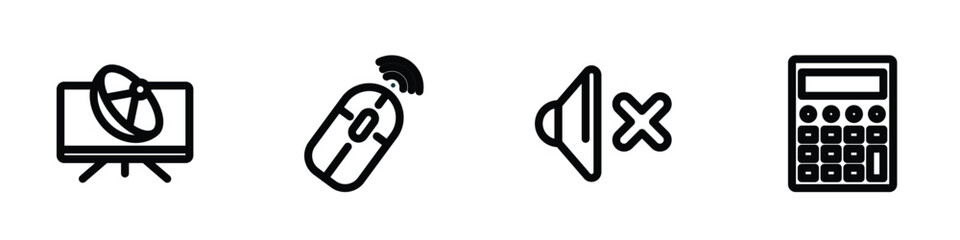 set of 4 linear icons from technology concept. outline icons included tv and satellite, wireless mouse, no audio, calculation vector