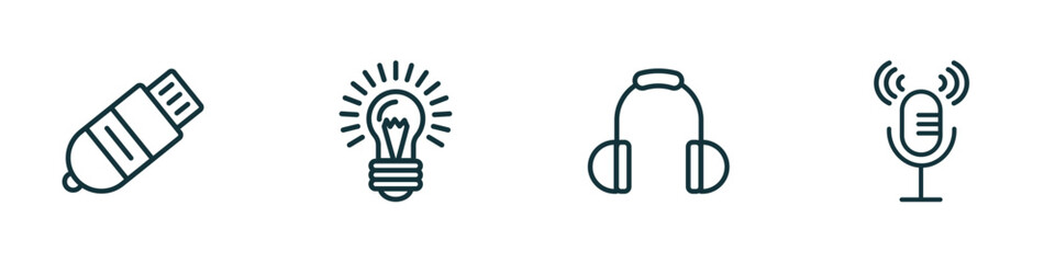 set of 4 linear icons from technology concept. outline icons included inclined pendrive, old light bulb, big headphones, microphone voice vector