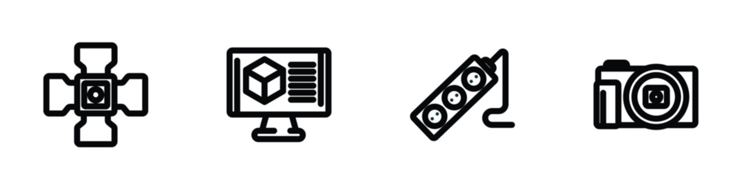 set of 4 linear icons from technology concept. outline icons included cinema light with cable, 3d printing software, tee power, digital photo camera vector