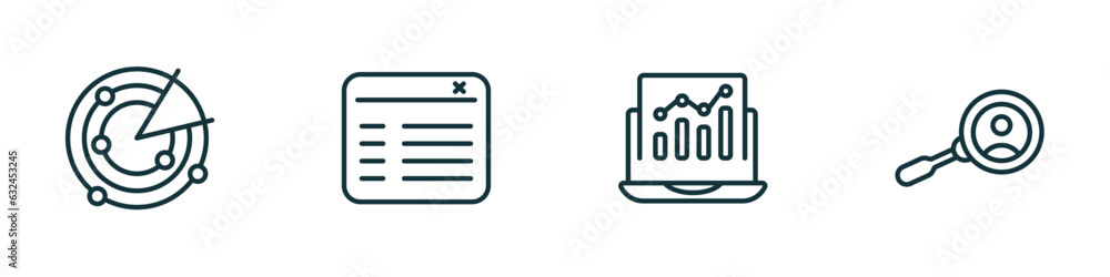 Poster set of 4 linear icons from technology concept. outline icons included radar sweep, attributes, analy