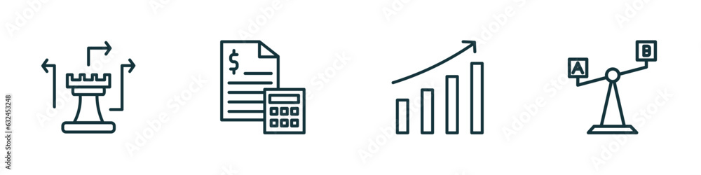 Poster set of 4 linear icons from startup stategy and concept. outline icons included strategy game, budget