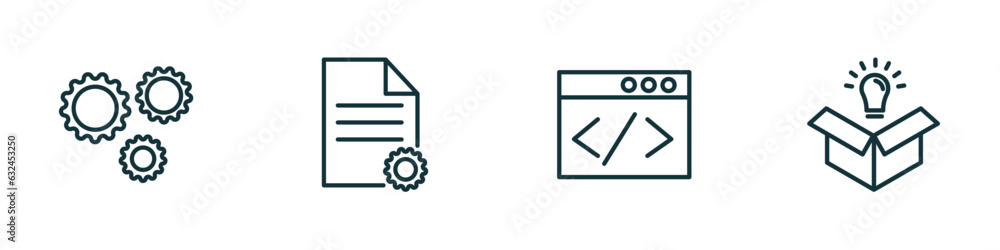 Aufkleber set of 4 linear icons from startup stategy and concept. outline icons included gears, project, web d