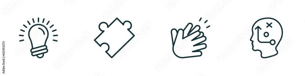 Poster set of 4 linear icons from startup stategy and concept. outline icons included idea, puzzle, clap, s