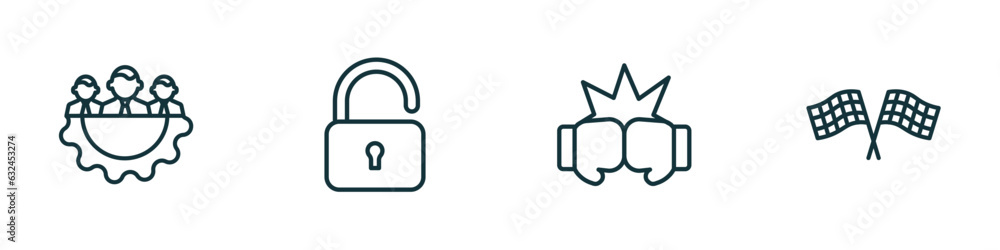Poster set of 4 linear icons from startup stategy and concept. outline icons included management, open padl