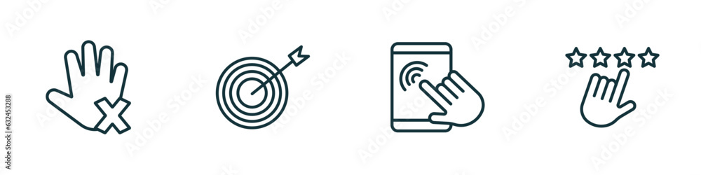 Poster set of 4 linear icons from success concept. outline icons included restrict, mission, user experienc