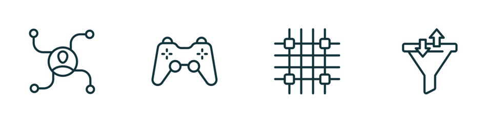 set of 4 linear icons from technology concept. outline icons included affiliate marketing, video game controller, grid system, sales funnel vector
