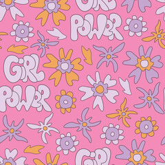 Fototapeta na wymiar Girl power pink seamless pattern with flowers