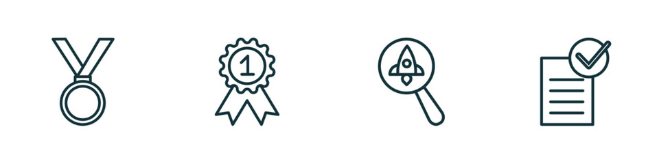set of 4 linear icons from success concept. outline icons included gold medal, first, startup project search, approval vector