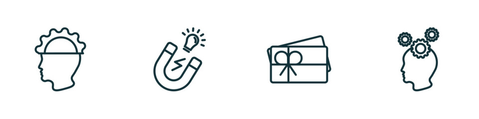 set of 4 linear icons from startup stategy and concept. outline icons included experience, idea magnet, gift voucher, strategy thought vector