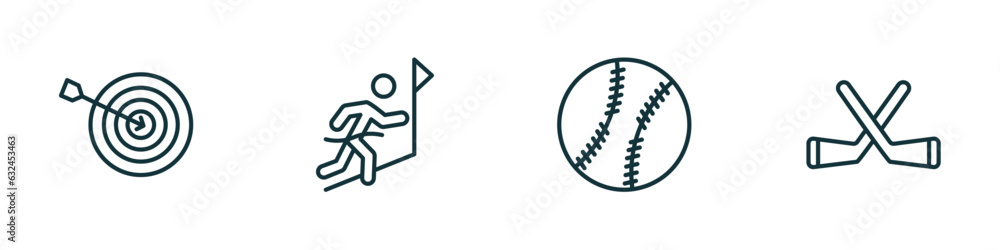 Poster set of 4 linear icons from sport concept. outline icons included dartboard and dart, winning the rac