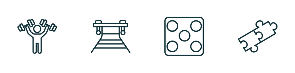 set of 4 linear icons from sport concept. outline icons included man lifting weight, work bench, game board, match vector