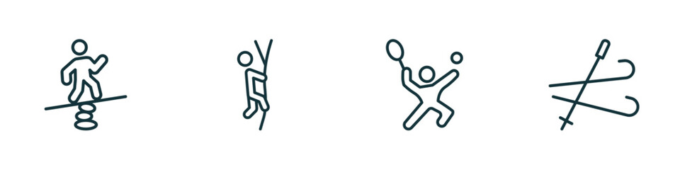 set of 4 linear icons from sport concept. outline icons included man balancing, climbing with rope, man playing tennis, ski vector