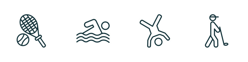 set of 4 linear icons from sports concept. outline icons included tennis, swimming, cartwheel, golf player hitting vector