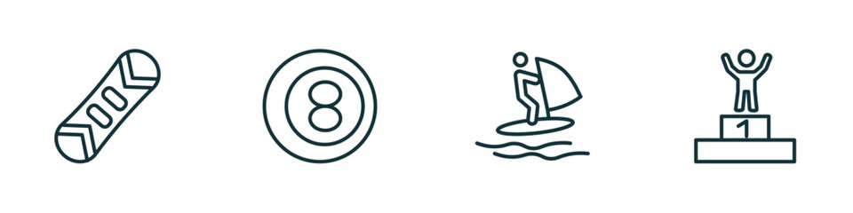 set of 4 linear icons from sports concept. outline icons included snowboard, ball pool, windsurf, number one athlete vector