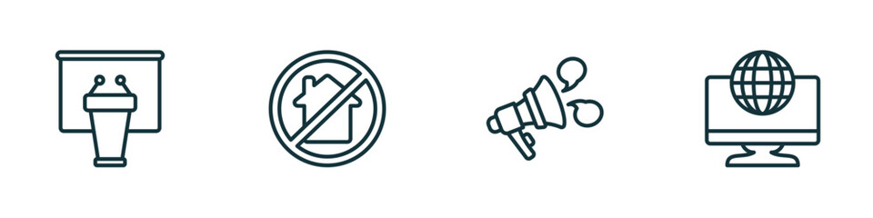 set of 4 linear icons from social media marketing concept. outline icons included seminar, homeless, announcement, digital marketing vector