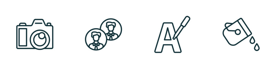 set of 4 linear icons from social media marketing concept. outline icons included big photo camera, avatars, letter color, fill vector
