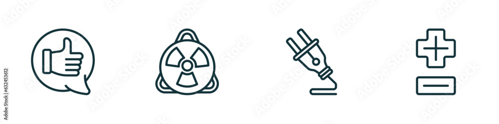 Poster set of 4 linear icons from signs concept. outline icons included positive, toxic, plug, plus less ve