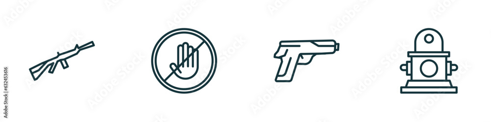 Poster set of 4 linear icons from signs concept. outline icons included weapons, no touch, guns, hydrant ve