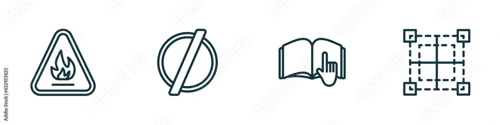 Poster set of 4 linear icons from signs collection. thin concept. outline icons included fire hazard, empty
