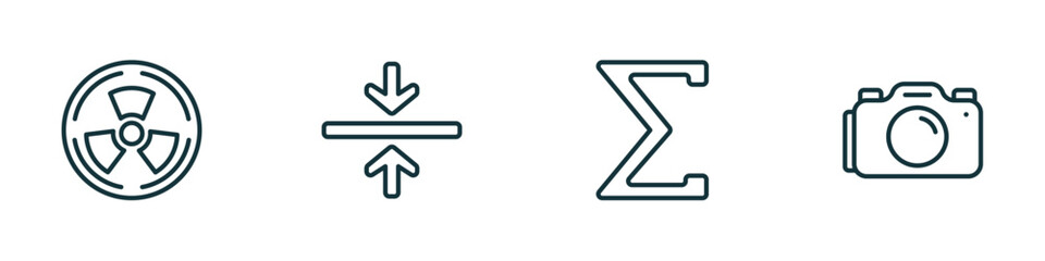 set of 4 linear icons from signs concept. outline icons included radioactive, alignment, the sum of, camera vector