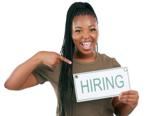 We are hiring sign, portrait or happy black woman point at recruitment banner, job search poster or recruiting company. Opportunity gesture, billboard or African person on transparent, png background